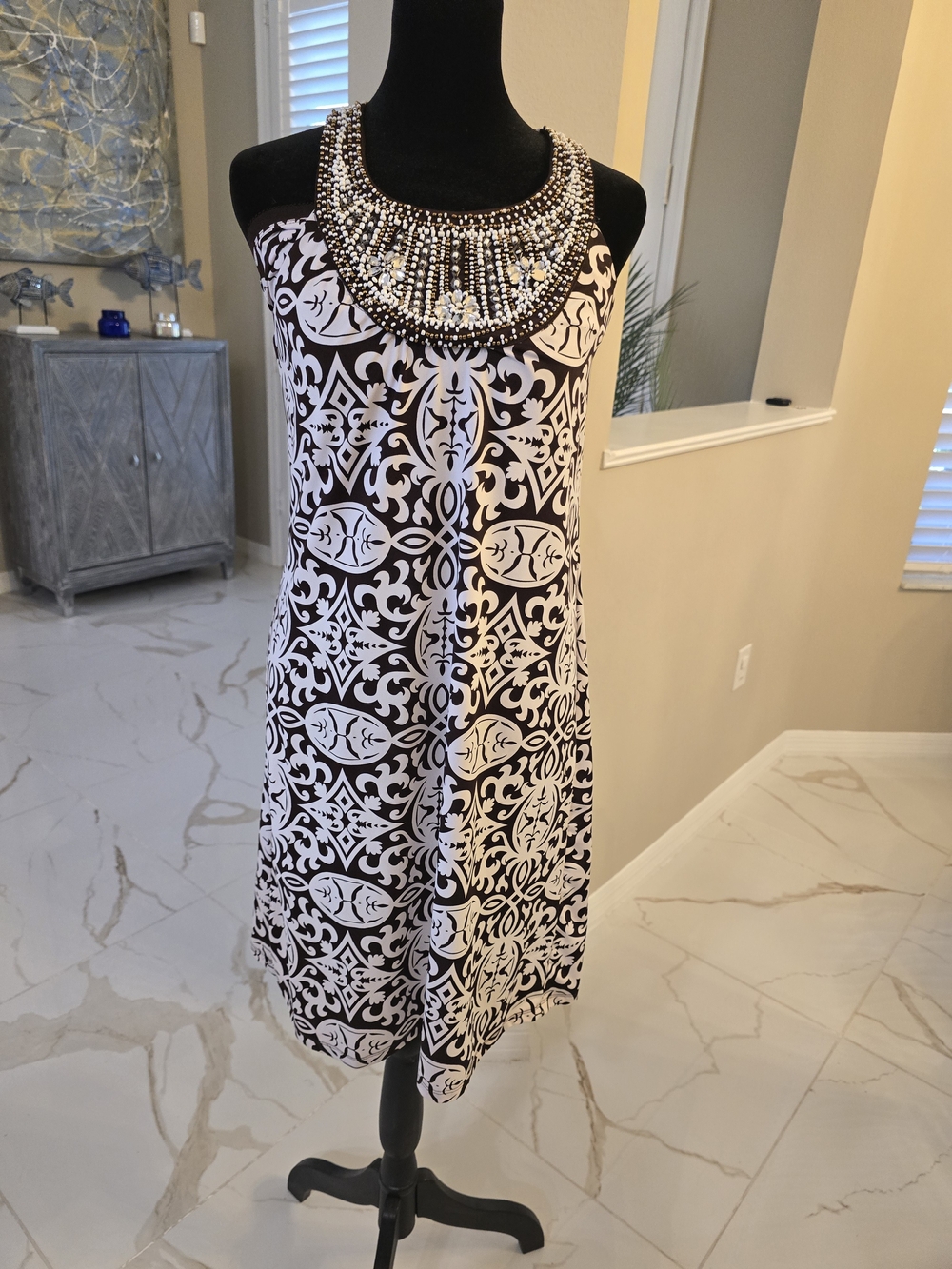 J Kara Black & White Sleeveless Beaded-Neckline Mini Dress